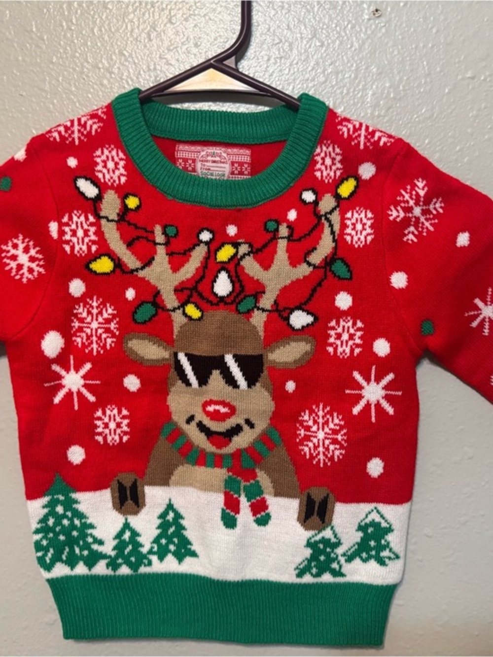 Red Reindeer Christmas Sweater with Green Trim